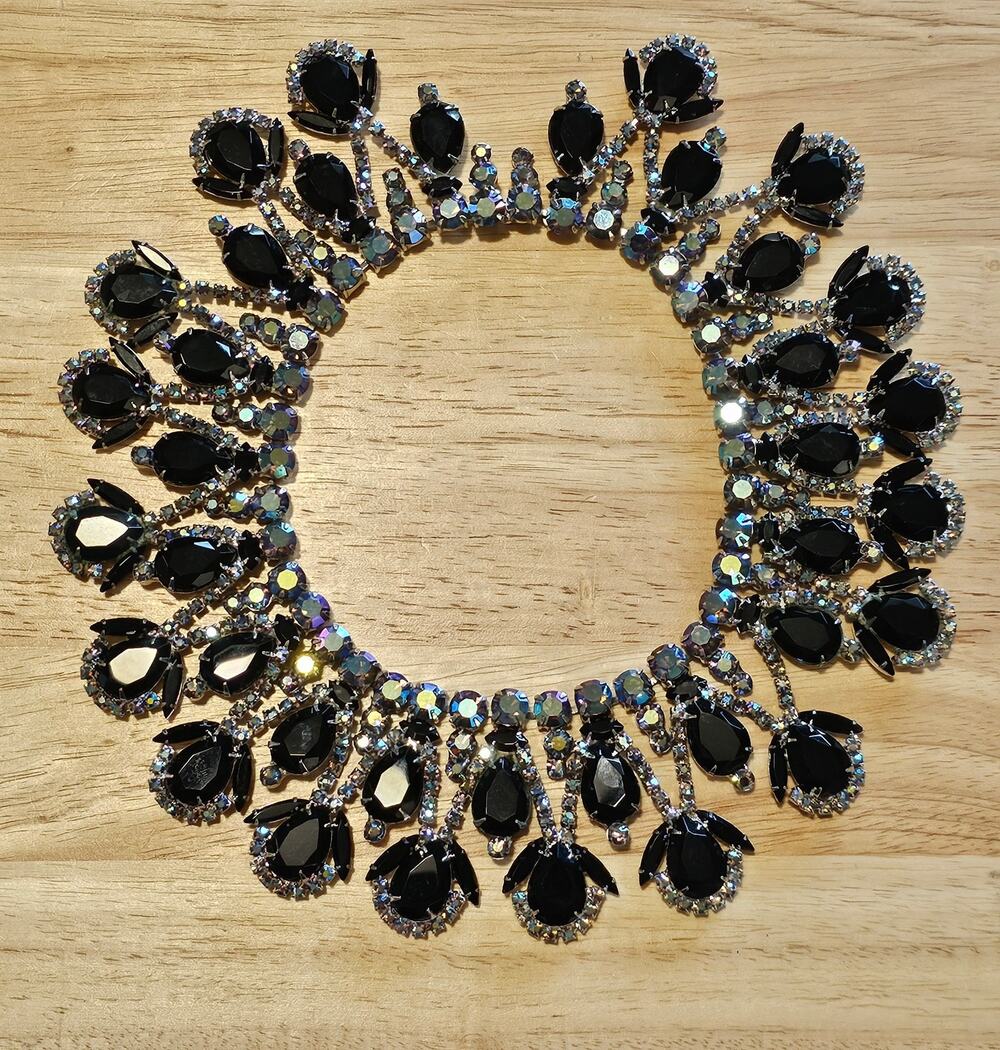 Vintage Vendome Jet Black Crystal Statement Bib Necklace with AB Rhinestones